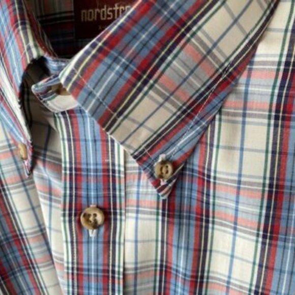 NORDSTROM * l/s BLUE White RED PLAID Dress SHIRT~ button collar & cuffs ~ XL - Picture 3 of 5